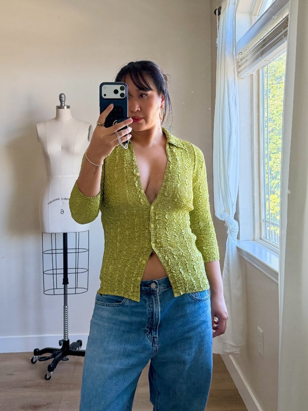 UBU Y2K Crinkle Top | Chartreuse Green Button Front Shirt | Size Small | Vintage